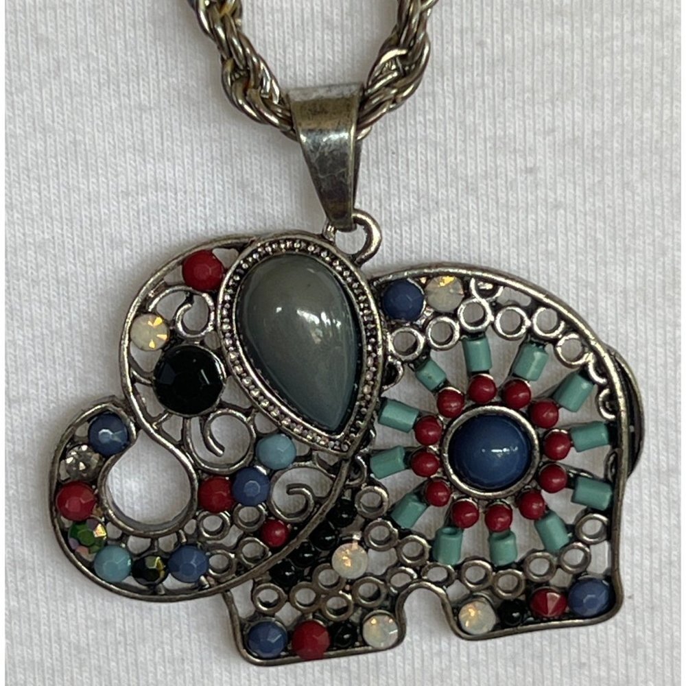 Bohemian Metal Beaded Elephant Pendant Necklace -- 30"